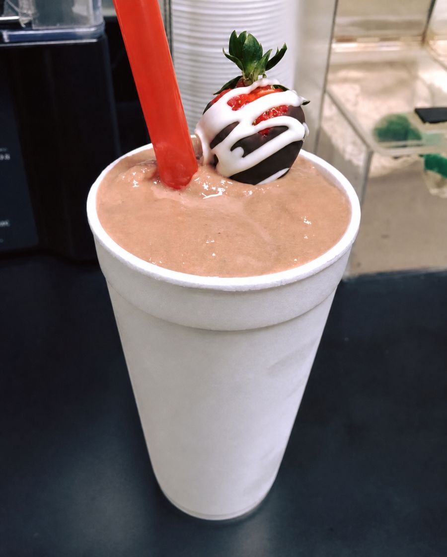 Chocolate shake topped with a chocolate-dipped strawberry from the RAC smoothie bar